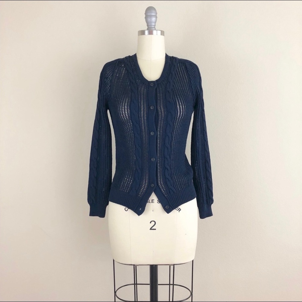 Theory Braided Open Knit Cropped Navy Cardigan